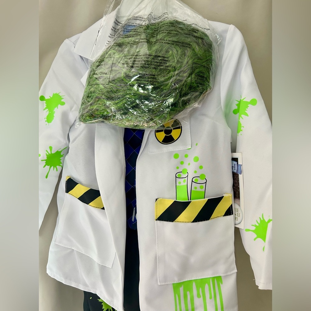 What a Character Mad Scientist Costume, Green Wig & Beaker GLOWS Size 4T NWT